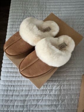 UGG Chestnut Suede Slippers with Cream Shearling Cuff